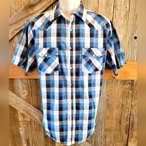 double pump pearl snap shirt M medium Short Sleeve Western rodeo Blue Plaid